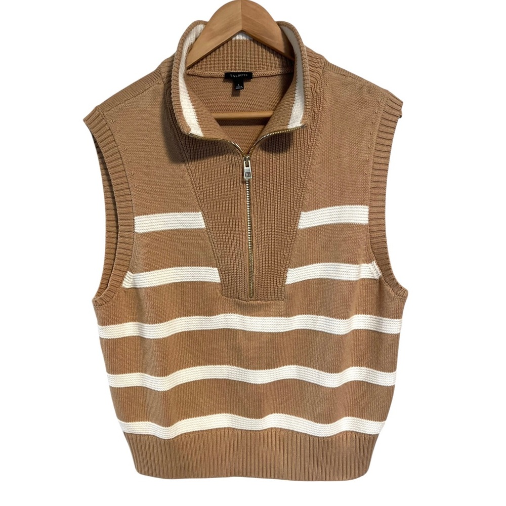 Talbots Half-Zip Sweater Vest Brown White Stripe Mock Neck Ribbed Size Large